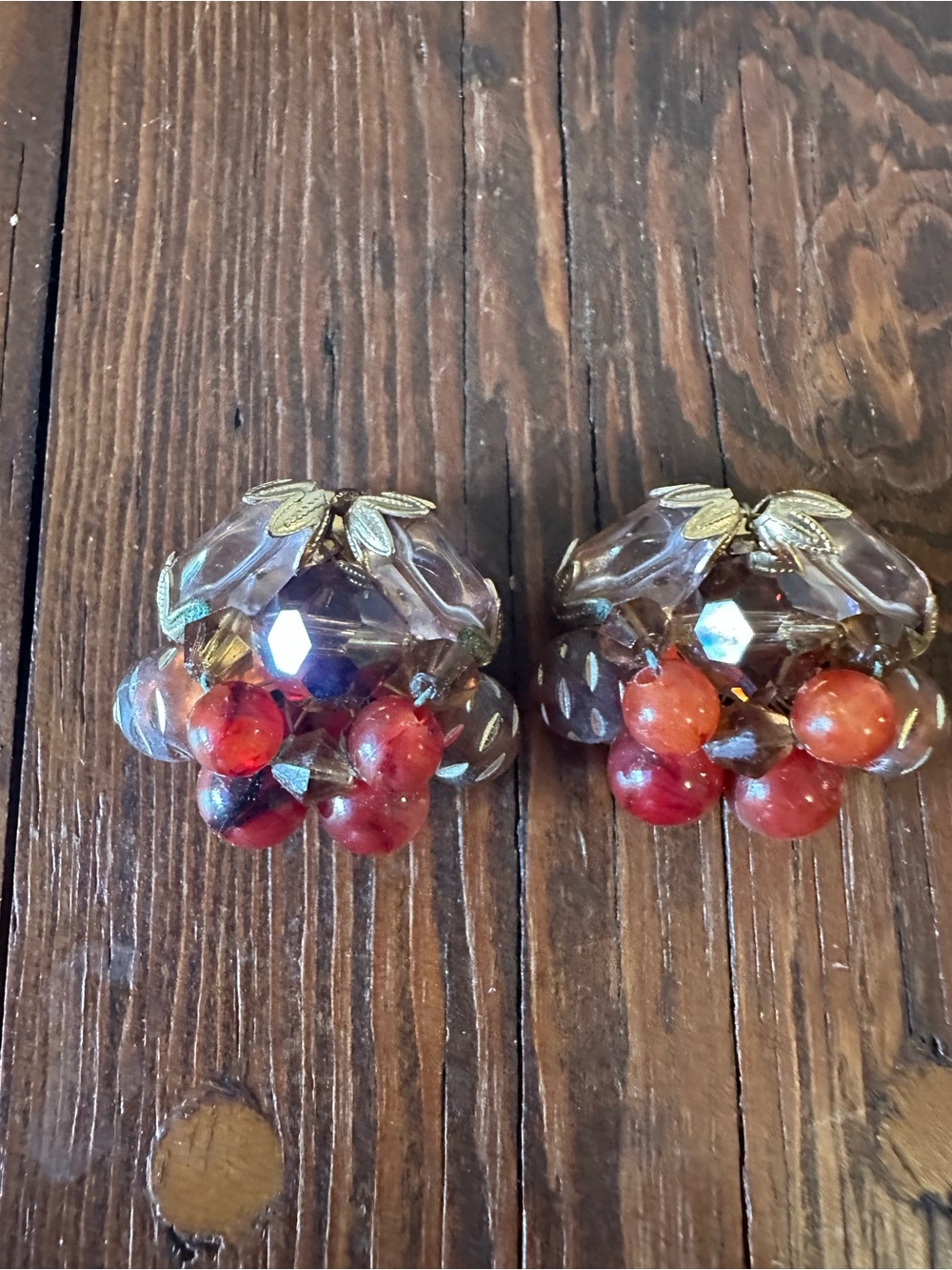 Gold-Tone Cluster Clip-On Earrings with Red and Amber Beads